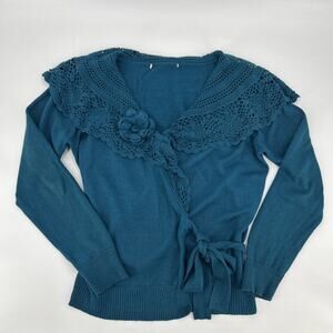 Vintage Y2K Wrap Cardigan Womens Size M Teal Knit Crochet Collar Brooch Fairy